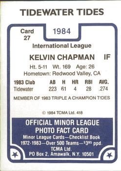 1984 TCMA Tidewater Tides #27 Kelvin Chapman Back