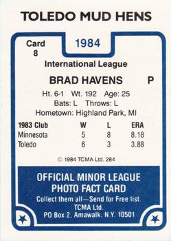 1984 TCMA Toledo Mud Hens #8 Brad Havens Back