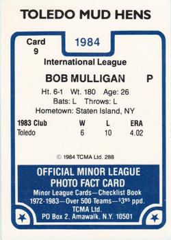 1984 TCMA Toledo Mud Hens #9 Bob Mulligan Back