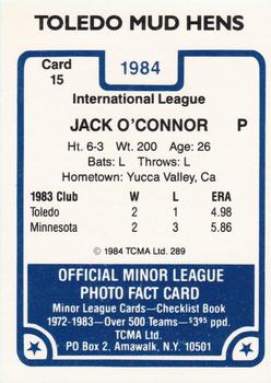1984 TCMA Toledo Mud Hens #15 Jack O'Connor Back