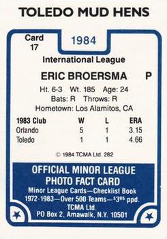 1984 TCMA Toledo Mud Hens #17 Eric Broersma Back