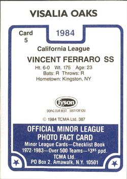 1984 TCMA Visalia Oaks #5 Vincent Ferraro Back