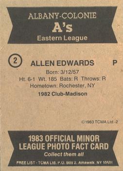 1983 TCMA Albany-Colonie A's #2 Allen Edwards Back