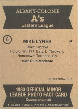 1983 TCMA Albany-Colonie A's #6 Mike Lynes Back