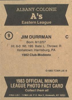 1983 TCMA Albany-Colonie A's #9 Jim Durrman Back