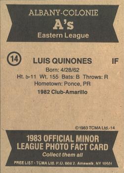 1983 TCMA Albany-Colonie A's #14 Luis Quinones Back