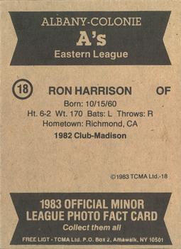 1983 TCMA Albany-Colonie A's #18 Ron Harrison Back