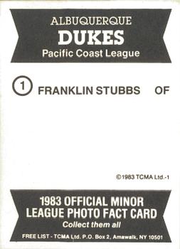 1983 TCMA Albuquerque Dukes #1 Franklin Stubbs Back