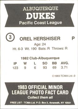 1983 TCMA Albuquerque Dukes #3 Orel Hershiser Back