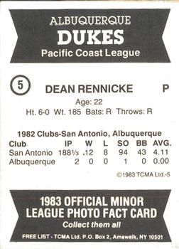 1983 TCMA Albuquerque Dukes #5 Dean Rennicke Back