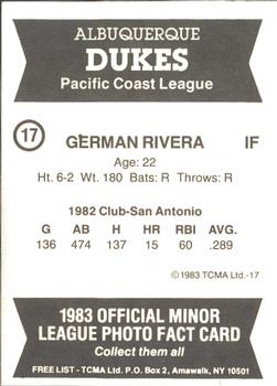 1983 TCMA Albuquerque Dukes #17 German Rivera Back