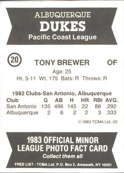 1983 TCMA Albuquerque Dukes #20 Tony Brewer Back