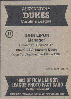 1983 TCMA Alexandria Dukes #11 John Lipon Back