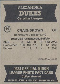 1983 TCMA Alexandria Dukes #19 Craig Brown Back