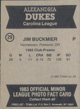 1983 TCMA Alexandria Dukes #29 Jim Buckmier Back