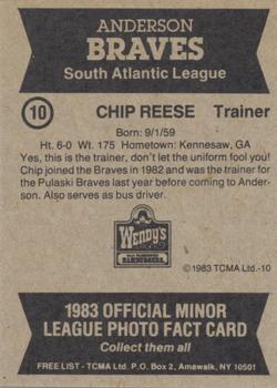 1983 TCMA Anderson Braves #10 Chip Reese Back