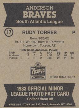 1983 TCMA Anderson Braves #17 Rudy Torres Back