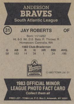 1983 TCMA Anderson Braves #31 Jay Roberts Back