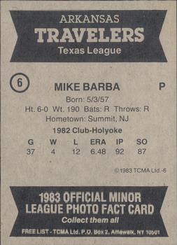 1983 TCMA Arkansas Travelers #6 Mike Barba Back