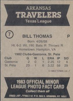 1983 TCMA Arkansas Travelers #7 Bill Thomas Back