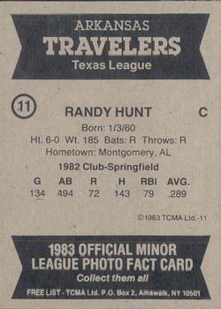 1983 TCMA Arkansas Travelers #11 Randy Hunt Back