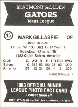 1983 TCMA Beaumont Golden Gators #15 Mark Gillaspie Back