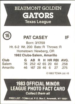 1983 TCMA Beaumont Golden Gators #16 Pat Casey Back