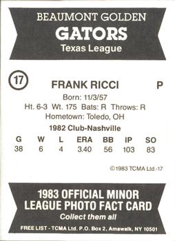 1983 TCMA Beaumont Golden Gators #17 Frank Ricci Back