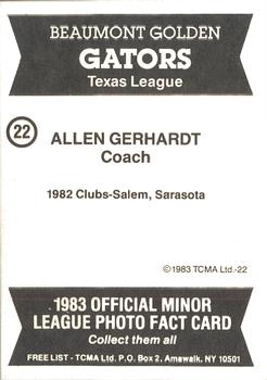 1983 TCMA Beaumont Golden Gators #22 Allen Gerhardt Back