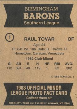 1983 TCMA Birmingham Barons #1 Raul Tovar Back