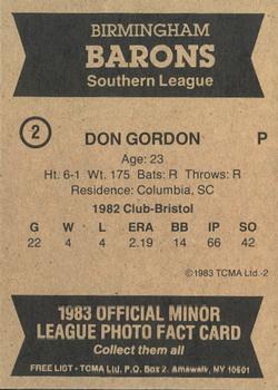 1983 TCMA Birmingham Barons #2 Don Gordon Back