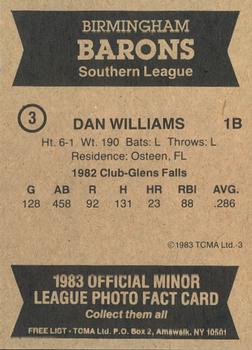 1983 TCMA Birmingham Barons #3 Dan Williams Back