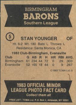 1983 TCMA Birmingham Barons #5 Stan Younger Back