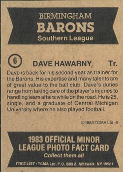 1983 TCMA Birmingham Barons #6 Dave Hawarny Back