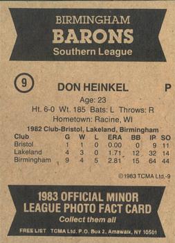 1983 TCMA Birmingham Barons #9 Don Heinkel Back