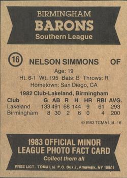 1983 TCMA Birmingham Barons #16 Nelson Simmons Back
