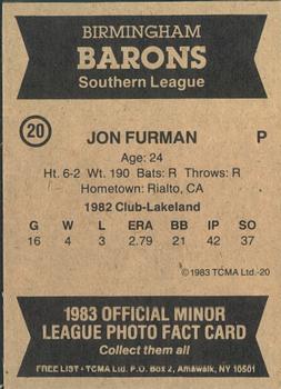 1983 TCMA Birmingham Barons #20 Jon Furman Back