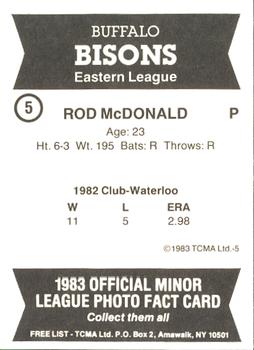 1983 TCMA Buffalo Bisons #5 Rod McDonald Back