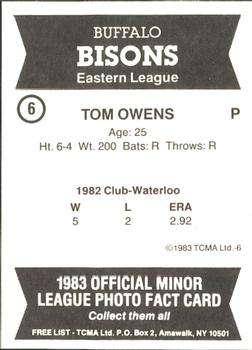 1983 TCMA Buffalo Bisons #6 Tom Owens Back