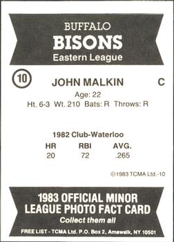 1983 TCMA Buffalo Bisons #10 John Malkin Back