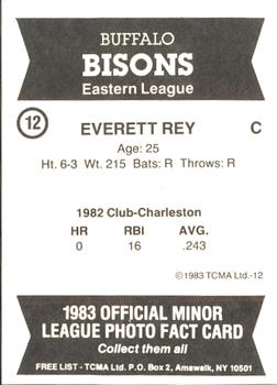 1983 TCMA Buffalo Bisons #12 Everett Rey Back