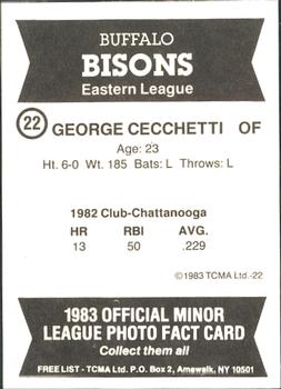 1983 TCMA Buffalo Bisons #22 George Cecchetti Back