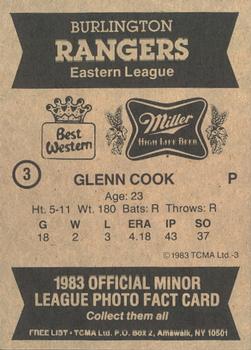 1983 TCMA Burlington Rangers #3 Glen Cook Back