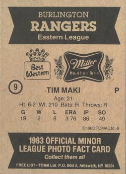 1983 TCMA Burlington Rangers #9 Tim Maki Back