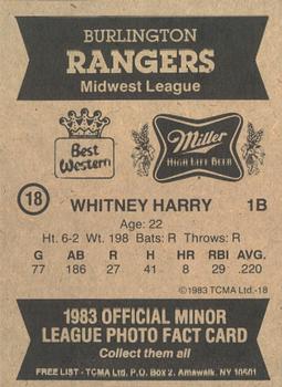 1983 TCMA Burlington Rangers #18 Whitney Harry Back