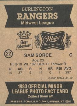 1983 TCMA Burlington Rangers #22 Sam Sorce Back