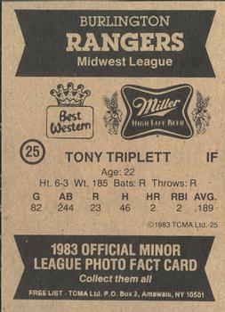 1983 TCMA Burlington Rangers #25 Tony Triplett Back