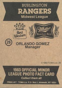 1983 TCMA Burlington Rangers #26 Orlando Gomez Back