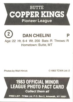 1983 TCMA Butte Copper Kings #2 Dan Chelini Back