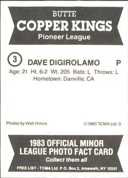 1983 TCMA Butte Copper Kings #3 Dave Digirolamo Back